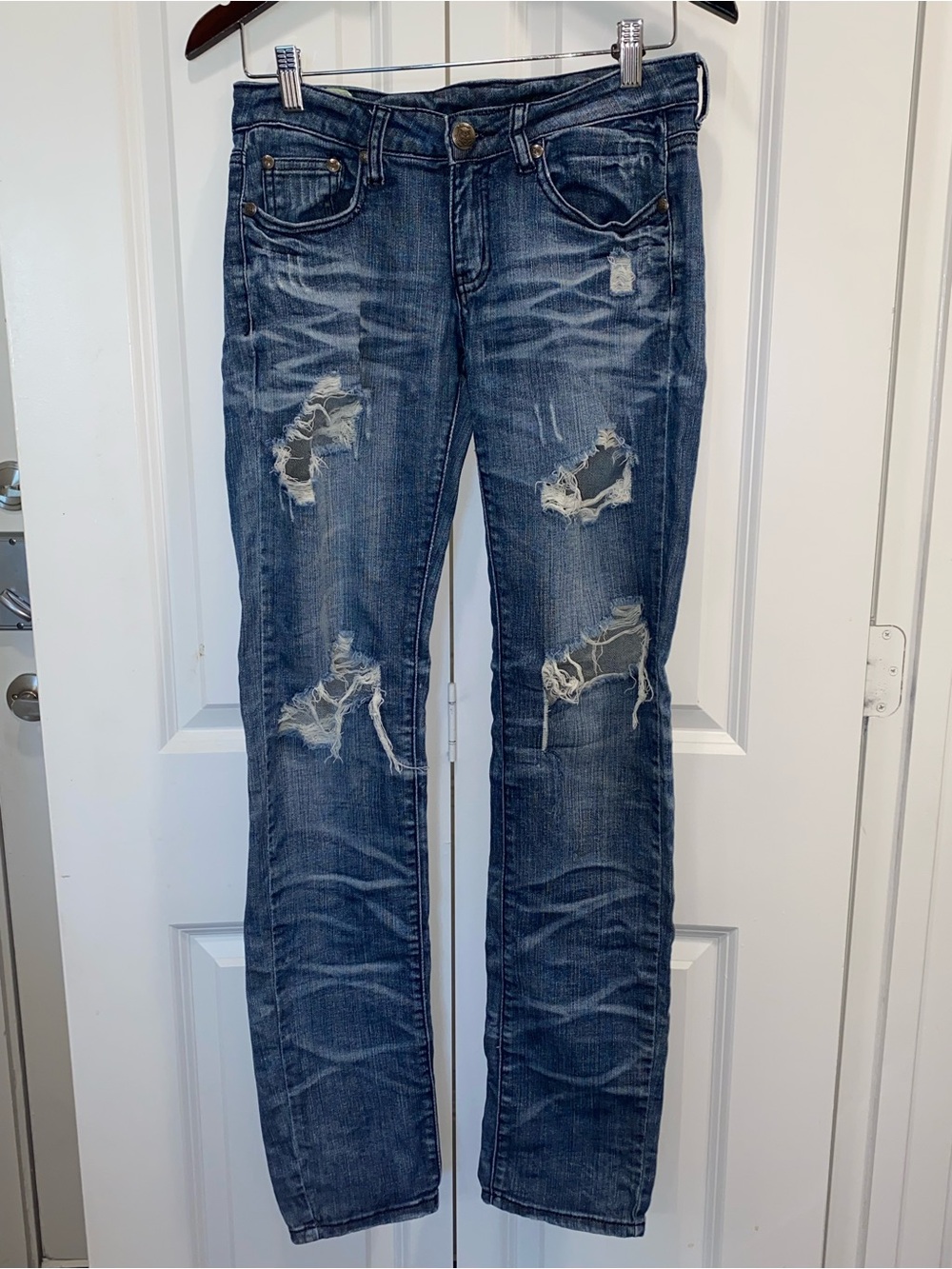 Machine Distressed Dark Blue Boot Cut Jeans